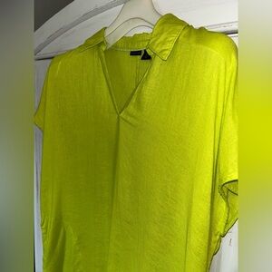 Tahari Summer Dress Linen LARGE Green Slits on Sides Pockets Cap Sleeves NWOT